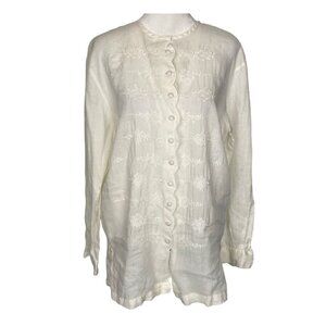Vtg TESS Women Ramie Tunic Blouse Sz S White Long Sleeves Button Front 12-1